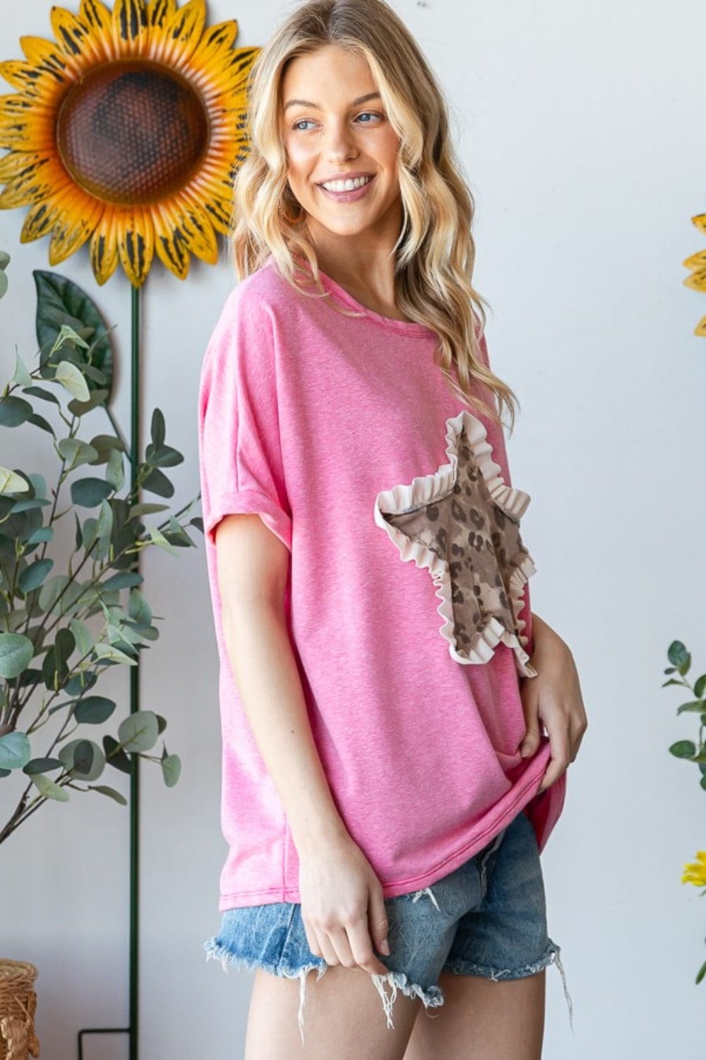 HOPELY Leopard Star Patch Short Sleeve T-Shirt - Trendsi