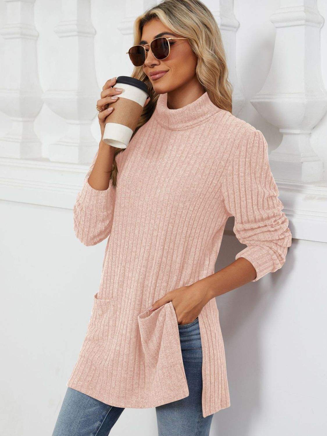 Slit Mock Neck Long Sleeve T-Shirt - Trendsi - Flyclothing LLC