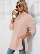 Slit Mock Neck Long Sleeve T-Shirt - Trendsi - Flyclothing LLC
