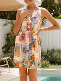 Printed Sleeveless Tie Waist Dress - Trendsi - Flyclothing LLC