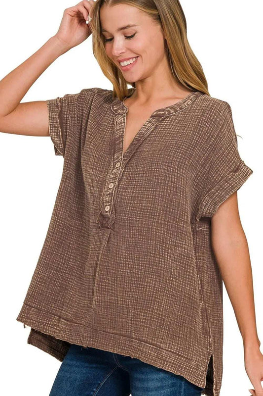 Zenana Washed Double Gauze 3/4 Button Henley Neck Shirt - Trendsi - Flyclothing LLC