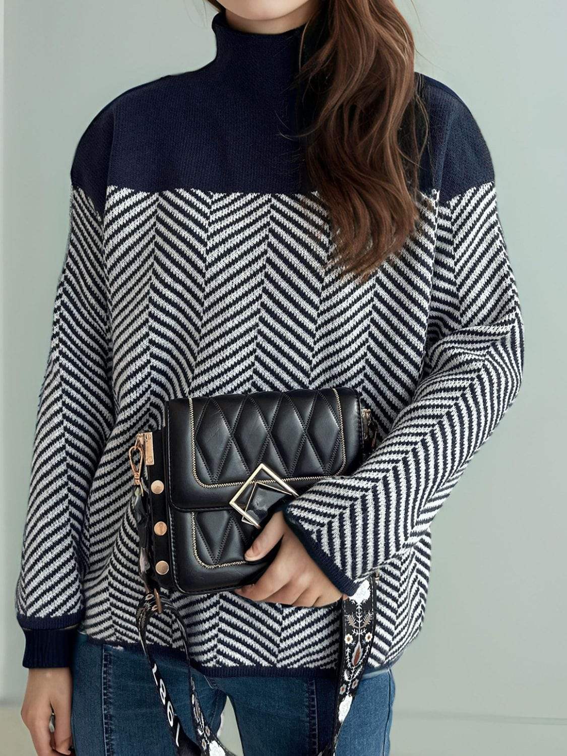 Contrast Turtleneck Long Sleeve Sweater - Trendsi - Flyclothing LLC