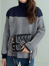 Contrast Turtleneck Long Sleeve Sweater - Trendsi - Flyclothing LLC