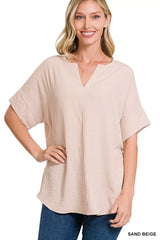 Zenana Woven Airflow Split Neck Short Sleeve Top - Trendsi - Flyclothing LLC