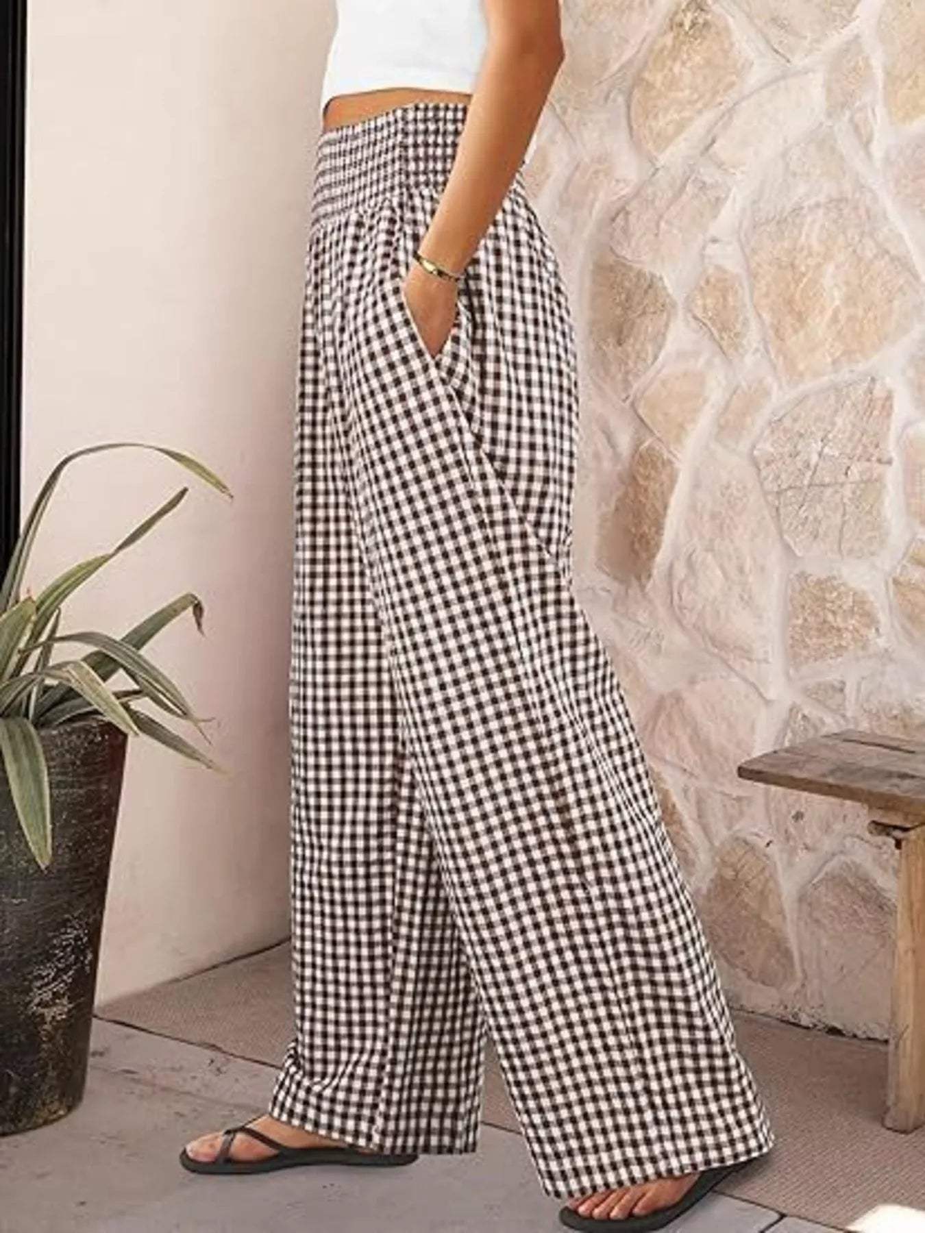 Gingham Wide-Leg Pants - Trendsi - Flyclothing LLC
