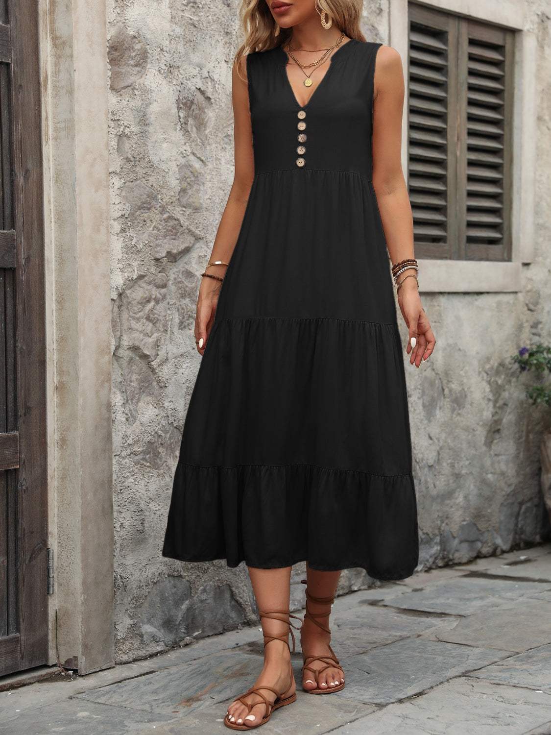 Decorative Button Notched Sleeveless Dress - Trendsi - Flyclothing LLC