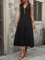 Decorative Button Notched Sleeveless Dress - Trendsi - Flyclothing LLC