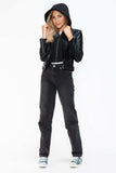 Snobbish Faux Leather Zip Up Drawstring Hooded Jacket - Trendsi - Flyclothing LLC