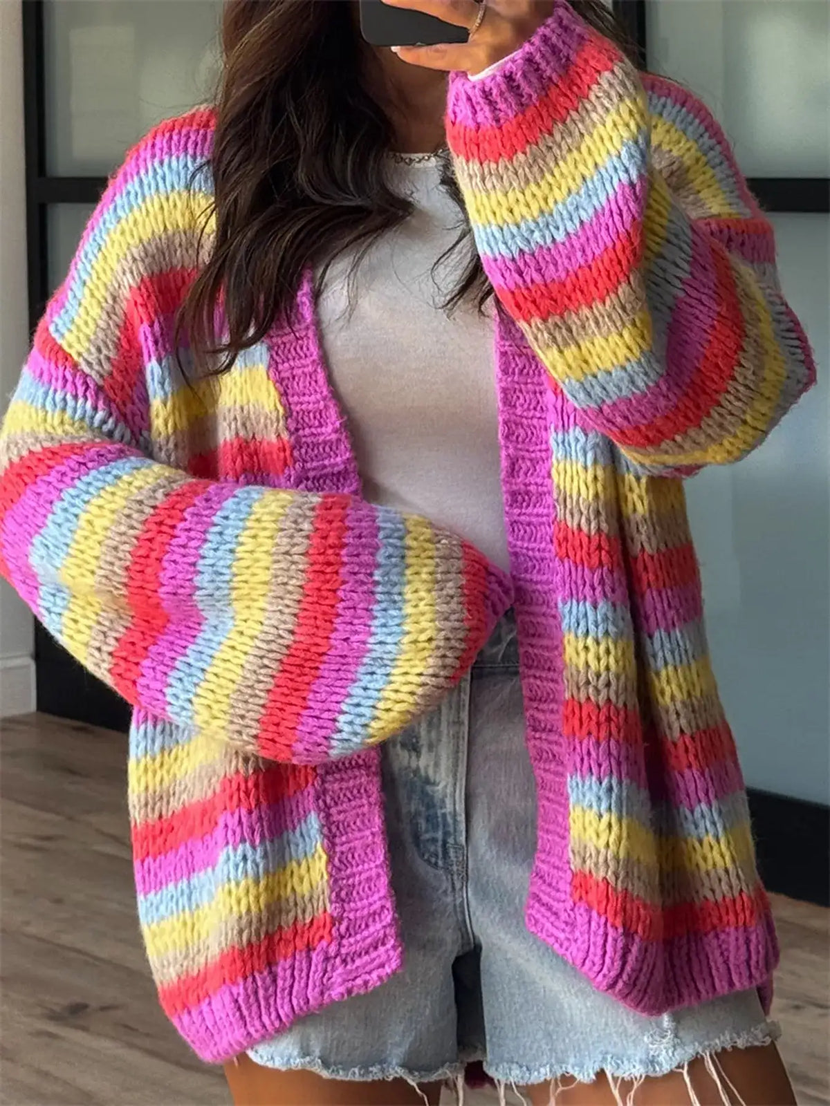 Multi-Color Striped Chunky Knit Open-Front Cardigan - Trendsi - Flyclothing LLC
