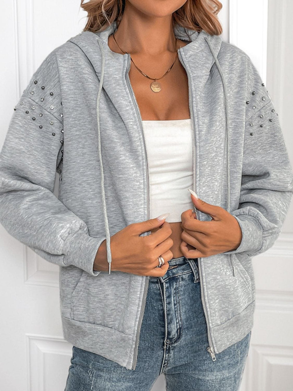 Perfee Rhinestone Zip Up Long Sleeve Hoodie - Trendsi