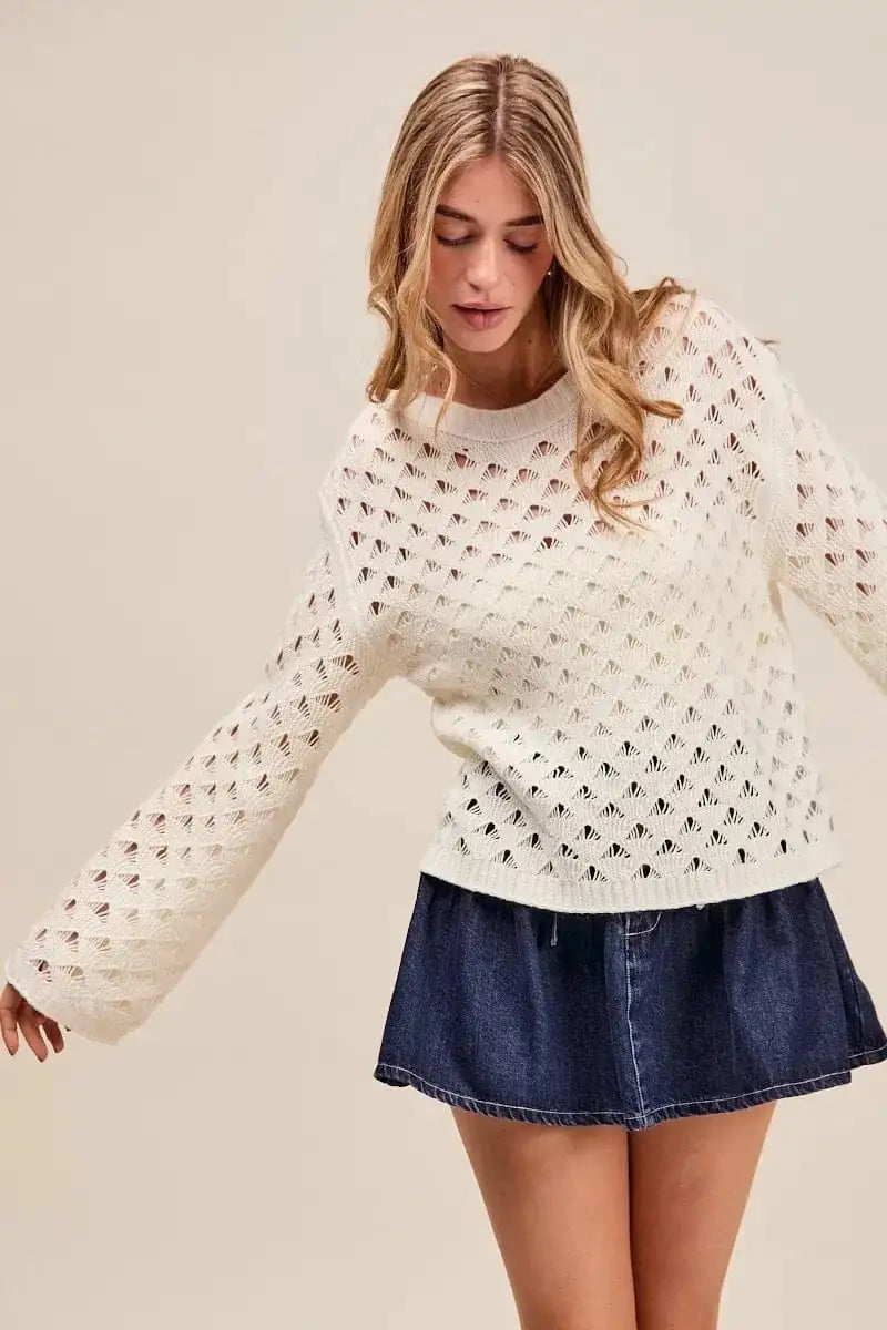 SO ME Geometric Pattern Open Knit Lightweight Sweater - Trendsi