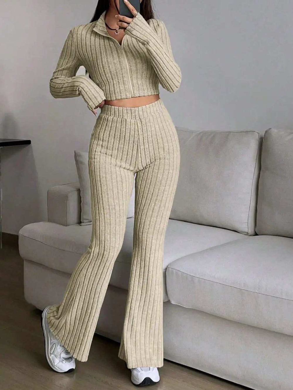 Zip Up Long Sleeve Top and Pants Set - Trendsi - Flyclothing LLC