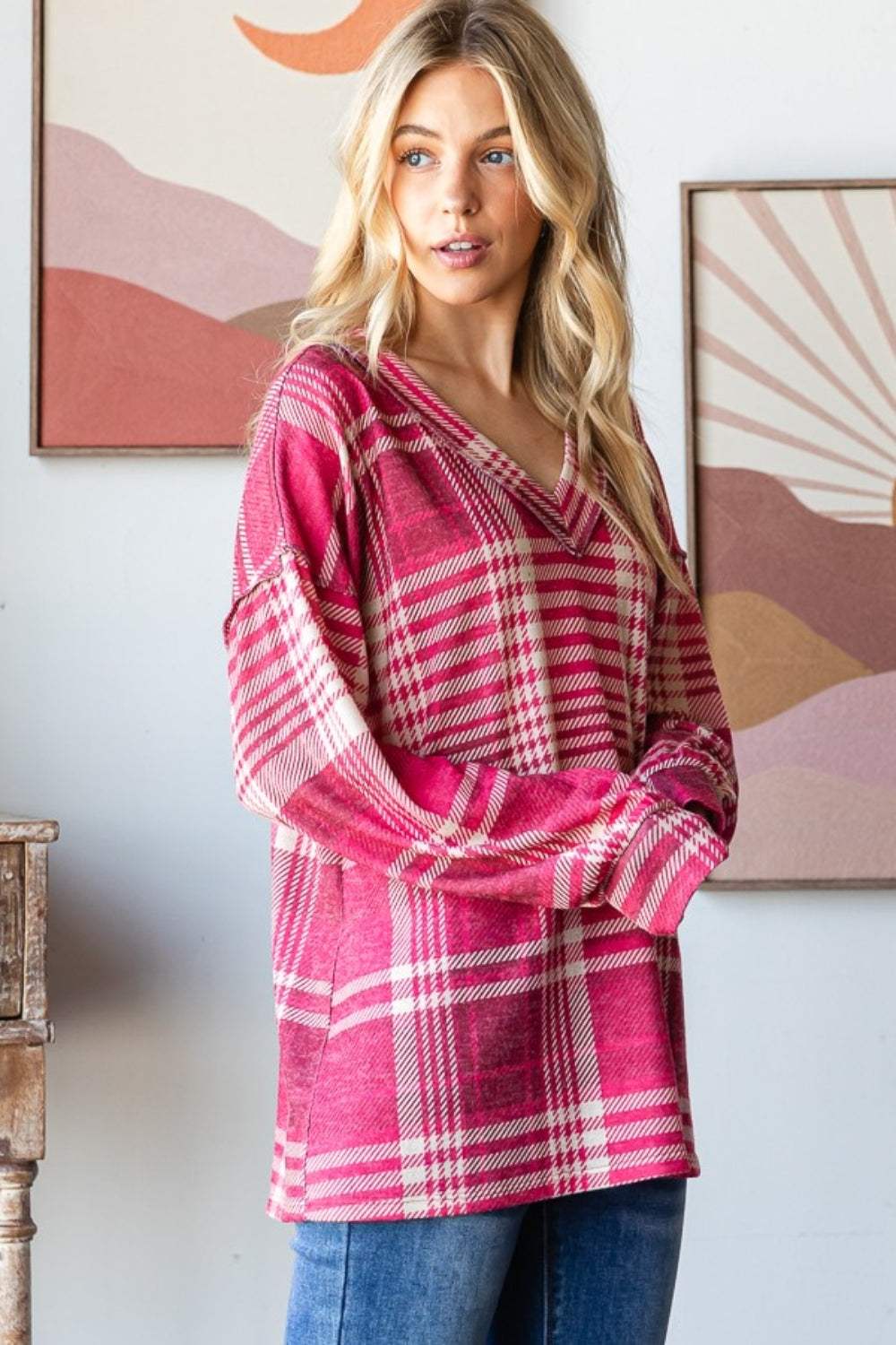 Heimish Plaid Drop Shoulder V-Neck T-Shirt - Trendsi - Flyclothing LLC
