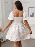 Plus Size Smocked Sweetheart Neck Puff Sleeve Mini Dress - Trendsi
