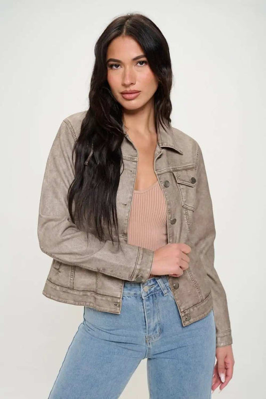 Coalition LA Button Down Cargo Vegan Leather Shacket - Trendsi - Flyclothing LLC