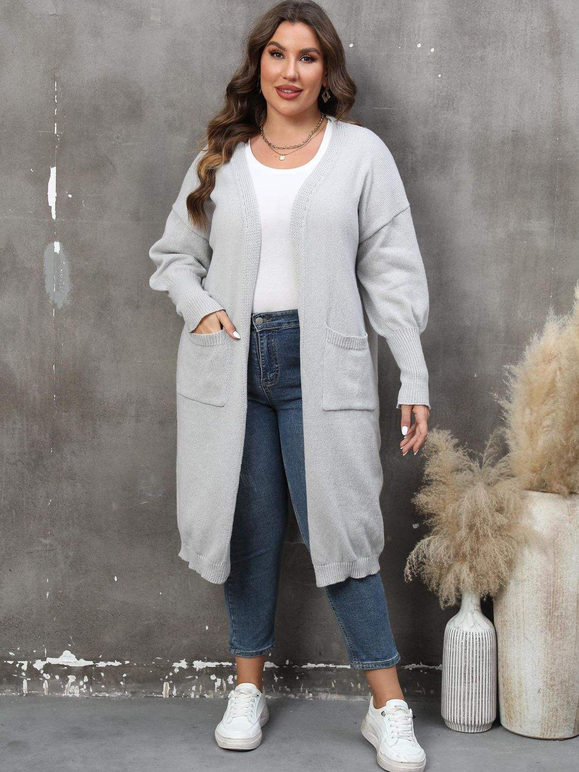 Plus Size Long Sleeve Pocketed Cardigan - Trendsi - Flyclothing LLC