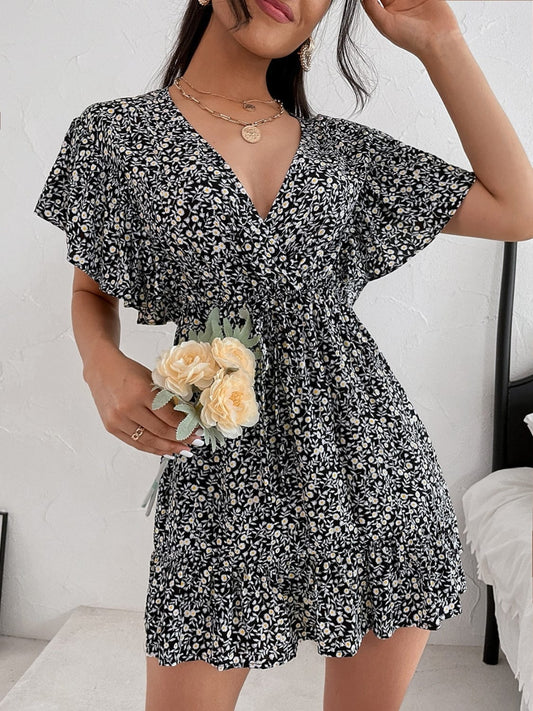 Cutout Ditsy Floral Surplice Flounce Sleeve Dress - Trendsi