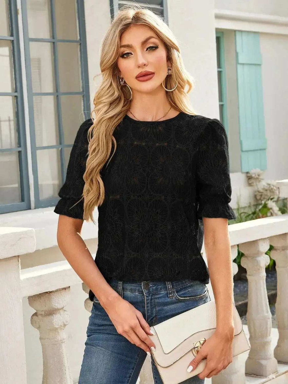 Openwork Round Neck Short Sleeve Top - Trendsi - Flyclothing LLC
