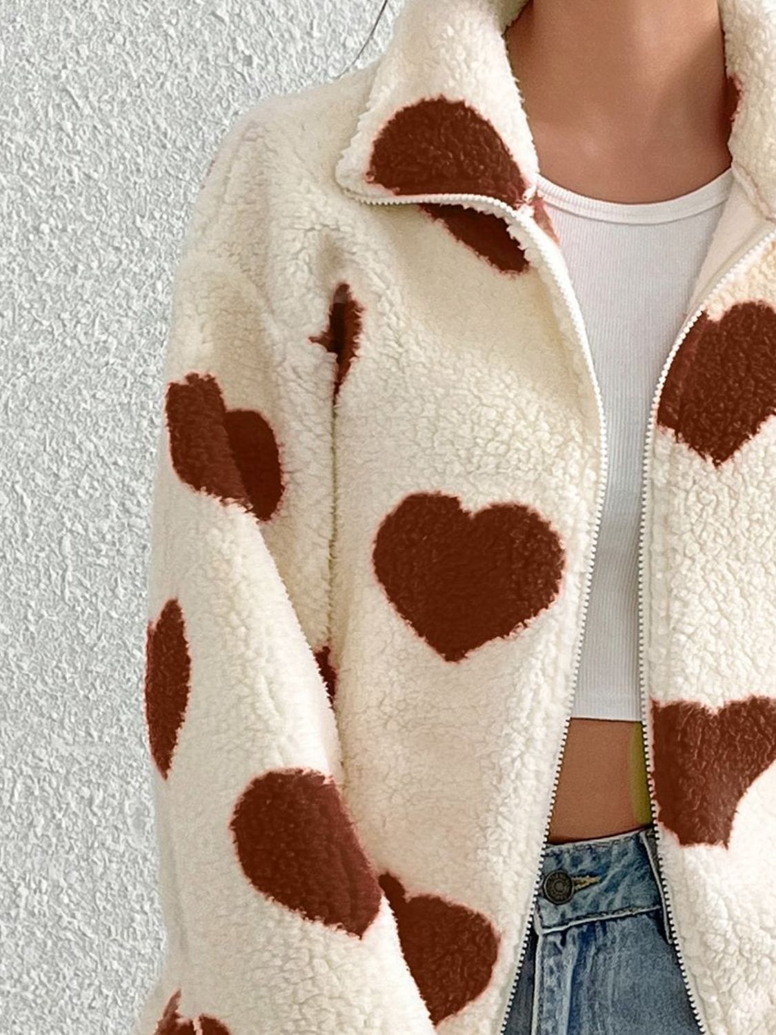 Heart Zip Up Drop Shoulder Furry Jacket - Trendsi