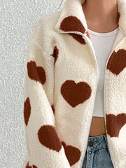 Heart Zip Up Drop Shoulder Furry Jacket - Trendsi
