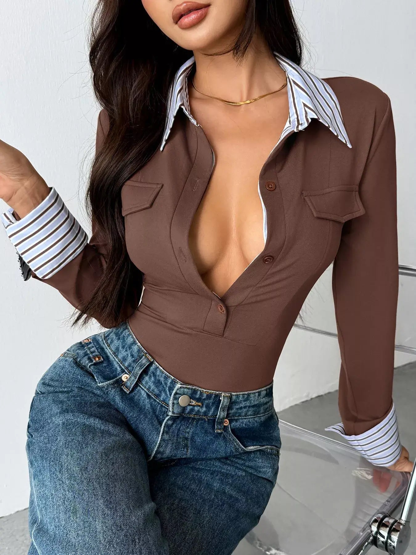 Long Sleeve Button Front Bodysuit - Trendsi - Flyclothing LLC