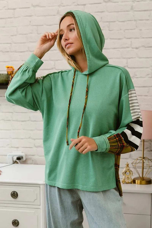 BiBi Plaid With Stripes Mix Match French Terry Hoodie - Trendsi - Flyclothing LLC