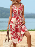 Smocked Printed Surplice Midi Dress - Trendsi