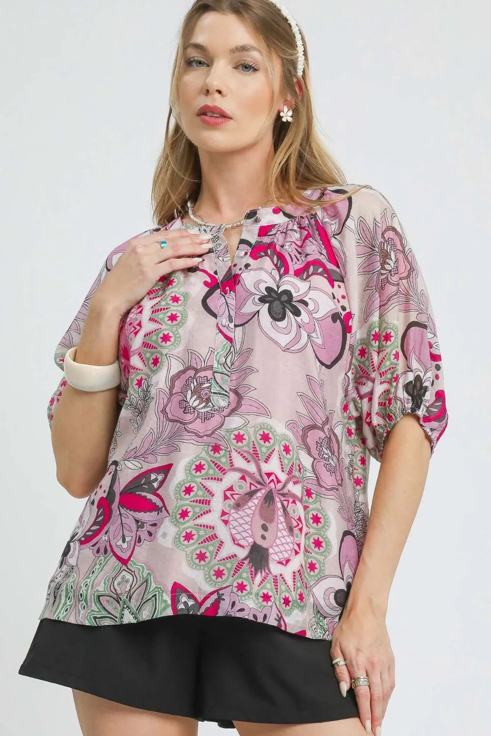 Umgee Floral Print Half Sleeve Blouse - Trendsi