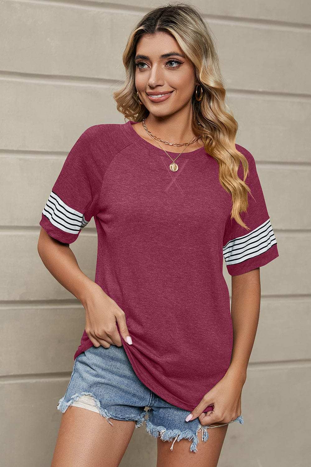 Striped Round Neck Short Sleeve T-Shirt - Trendsi - Flyclothing LLC