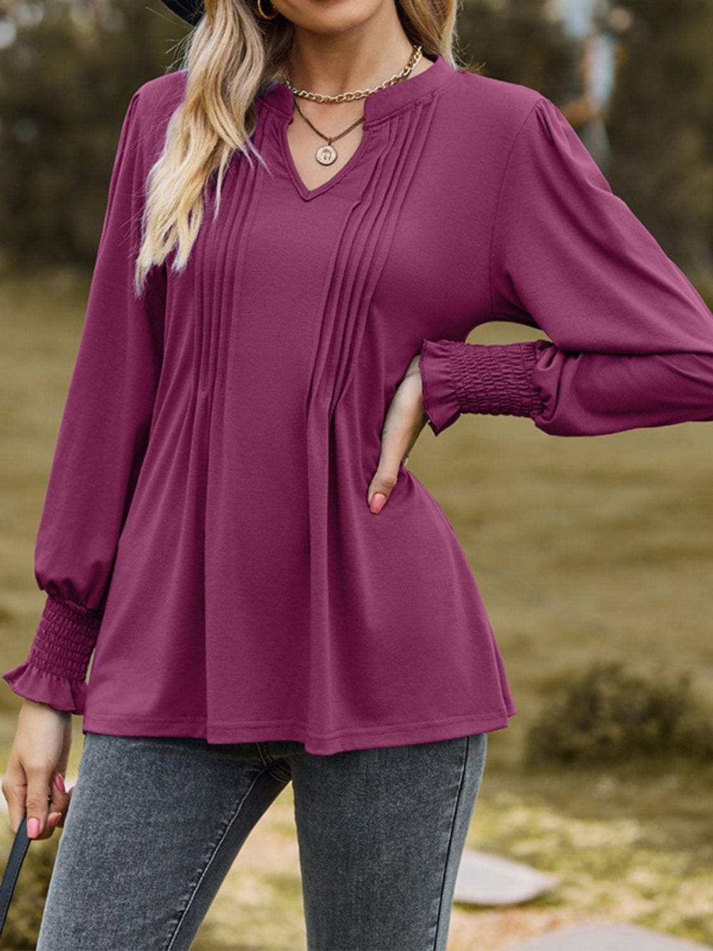Ruched Notched Long Sleeve T-Shirt - Trendsi - Flyclothing LLC
