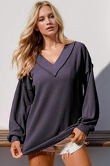 Double Take Exposed Seam Ribbed Textured V-Neck Long Sleeve T-Shirt - Trendsi - Flyclothing LLC