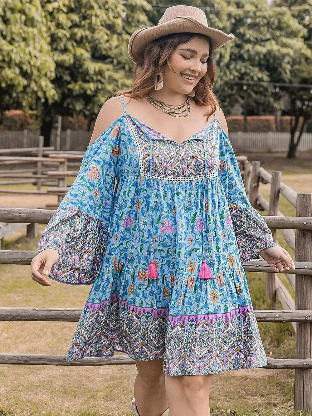 Plus Size Printed Long Sleeve Mini Dress - Trendsi - Flyclothing LLC