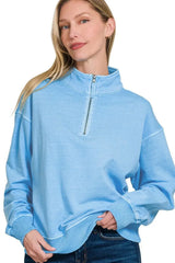 Zenana F/terry Pigment Dye & Enzyme Washing Half Zip Top - Trendsi - Flyclothing LLC