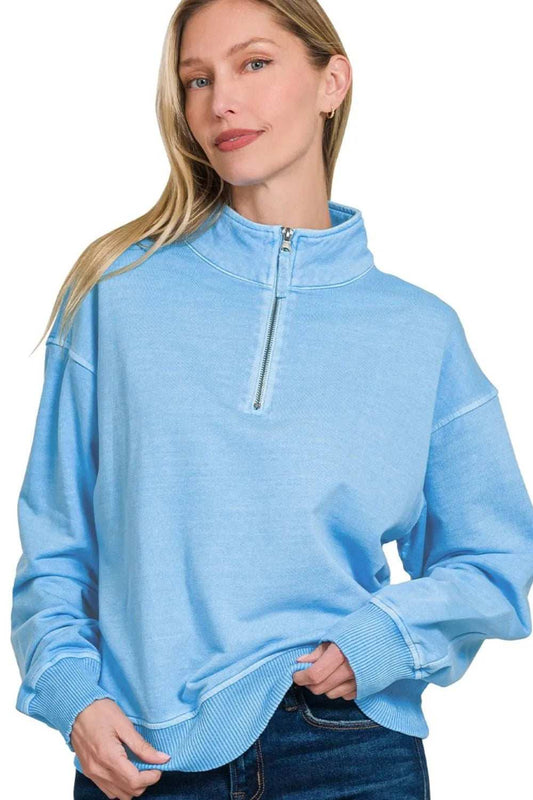 Zenana F/terry Pigment Dye & Enzyme Washing Half Zip Top - Trendsi - Flyclothing LLC