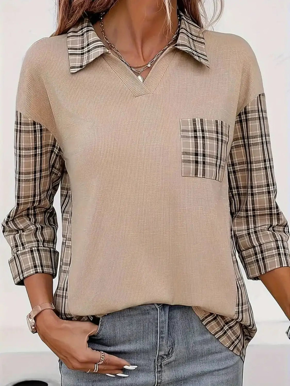 Plaid Johhny Collar Three-Quarter Sleeve T-Shirt - Trendsi