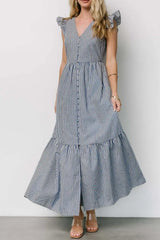 Slit Striped V-Neck Ruffled Cap Sleeve Dress - Trendsi - Flyclothing LLC