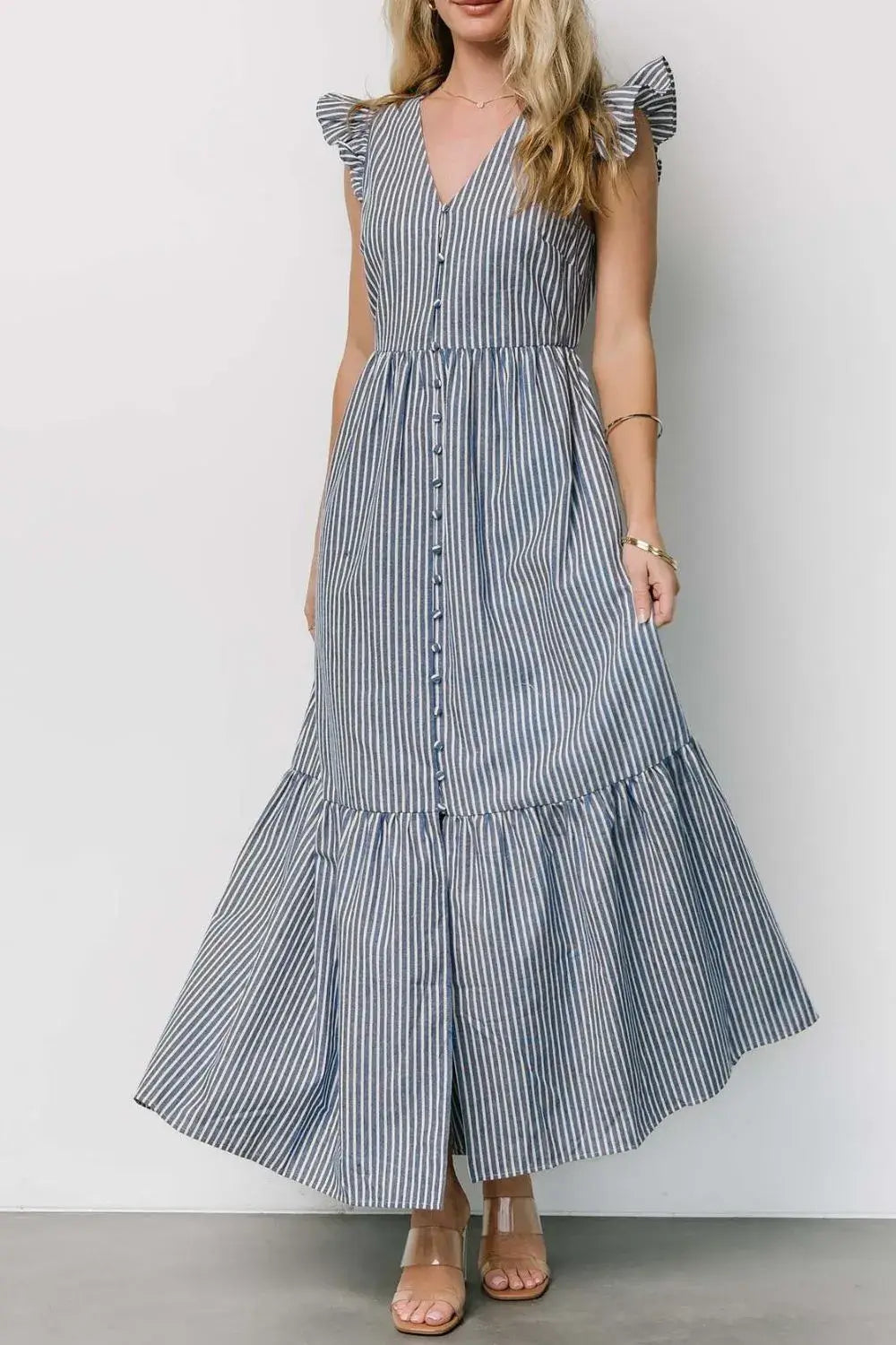 Slit Striped V-Neck Ruffled Cap Sleeve Dress - Trendsi - Flyclothing LLC