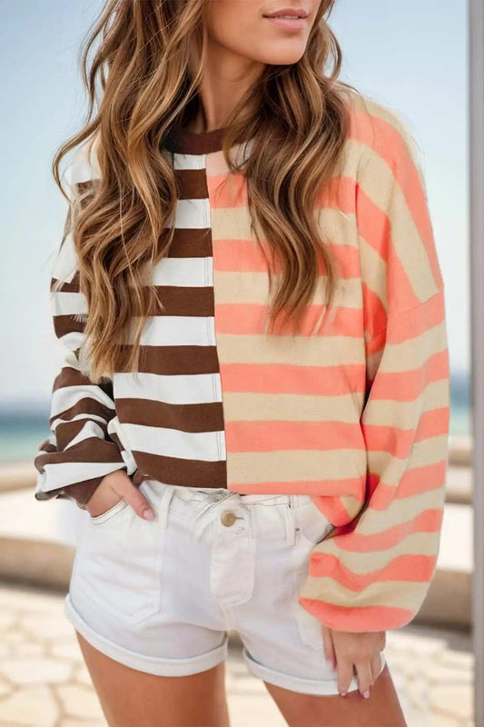 Striped Round Neck Long Sleeve Sweatshirt - Trendsi - Flyclothing LLC