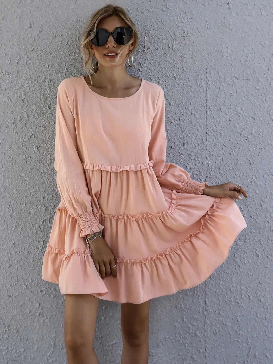Frill Tiered Long Sleeve Mini Dress - Trendsi - Flyclothing LLC