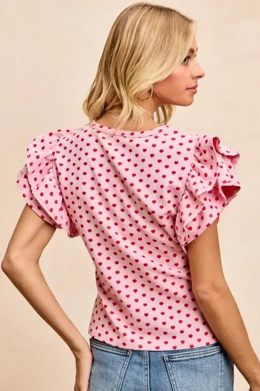 BiBi Heart Patterned Knit Ruffled Sleeves Top - Trendsi - Flyclothing LLC