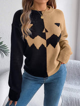 Contrast Round Neck Long Sleeve Sweater - Trendsi - Flyclothing LLC