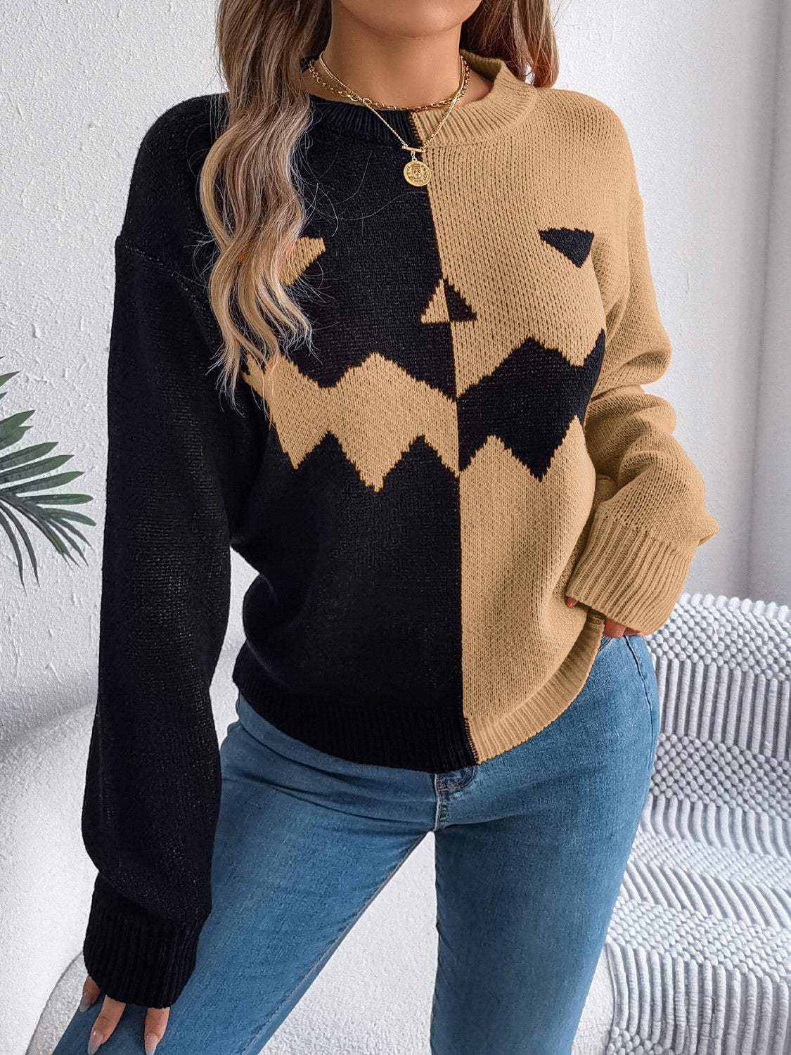 Contrast Round Neck Long Sleeve Sweater - Trendsi - Flyclothing LLC