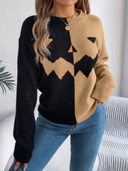 Contrast Round Neck Long Sleeve Sweater - Trendsi