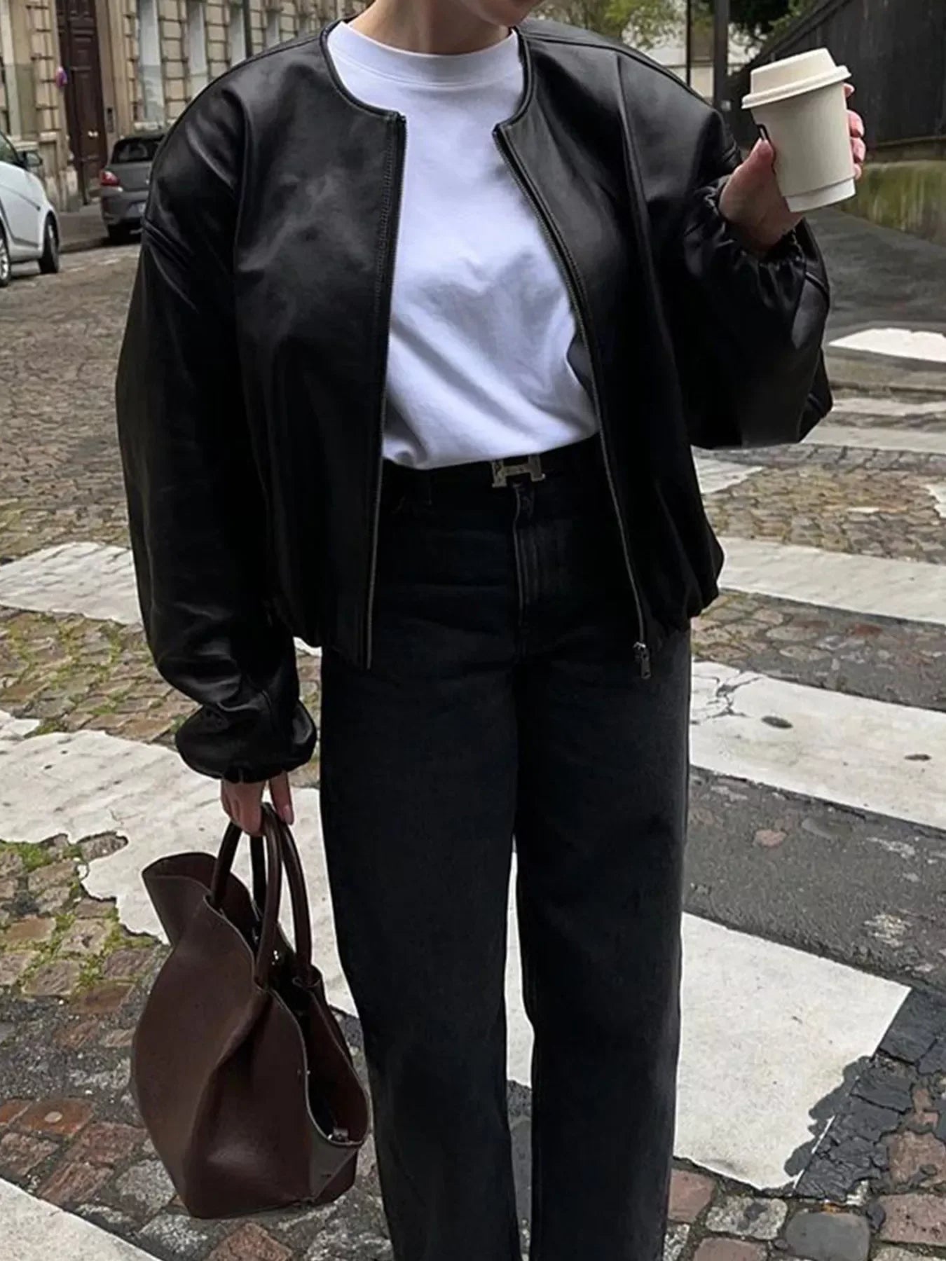 Zip Up Leather Bomber Jacket - Trendsi - Flyclothing LLC