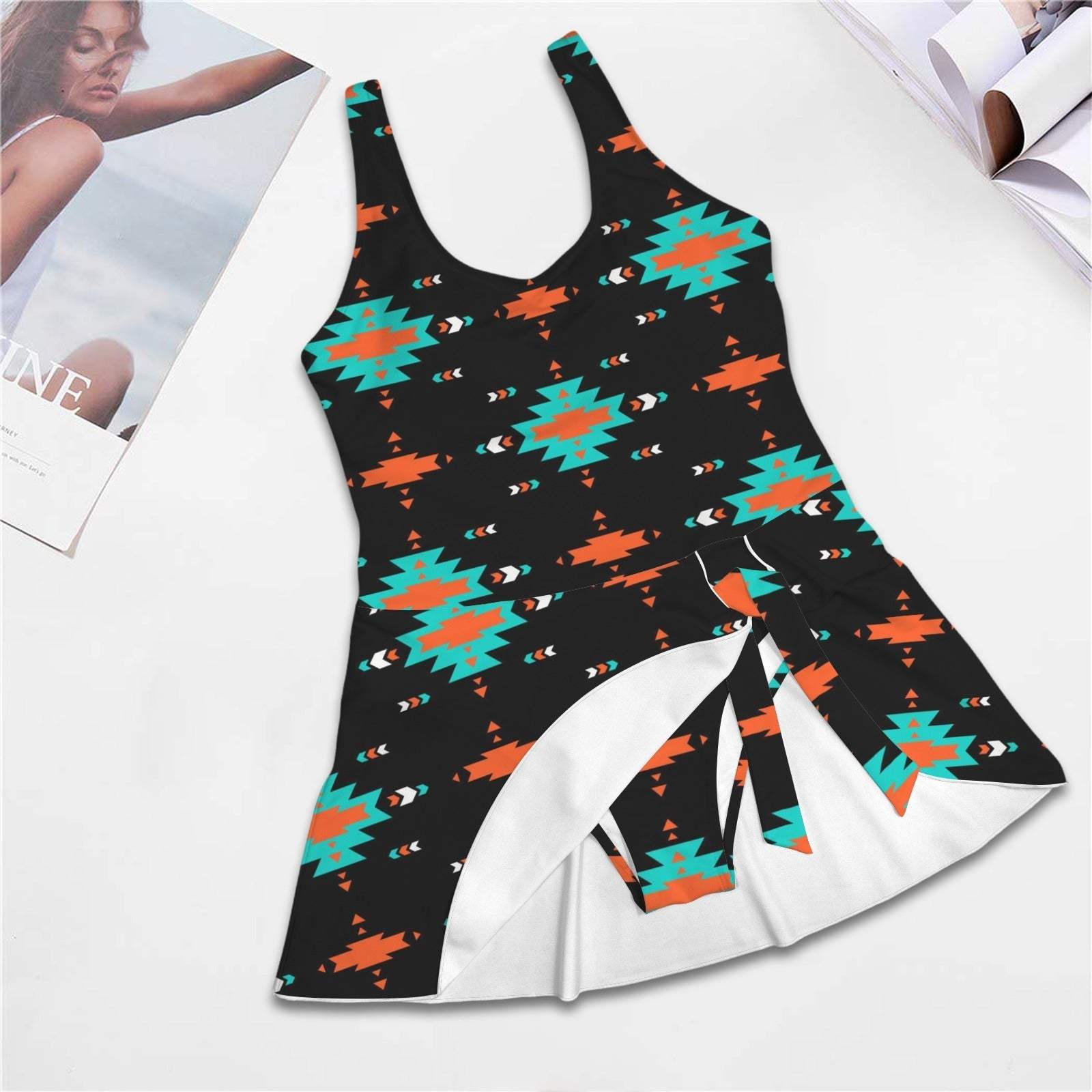 Baha Ranch Turquoise Orange Aztec Skirted Swimsuit - Baha Ranch Western Wear - Flyclothing LLC