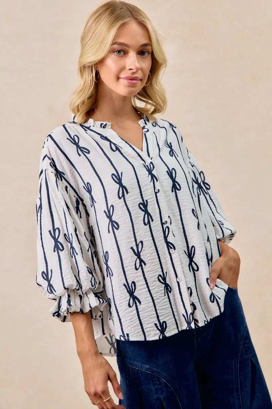 BiBi Bow Ribbon Printed Woven Bubble Sleeves Top - Trendsi - Flyclothing LLC