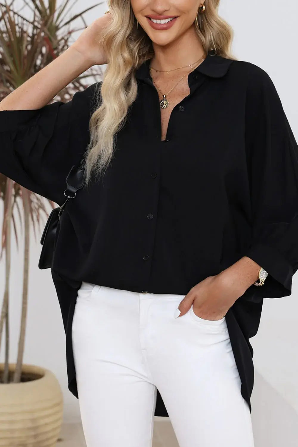 Collared Neck Three-Quarter Sleeve Shirt - Trendsi - Flyclothing LLC