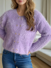 Heart Button Round Neck Cardigan - Trendsi