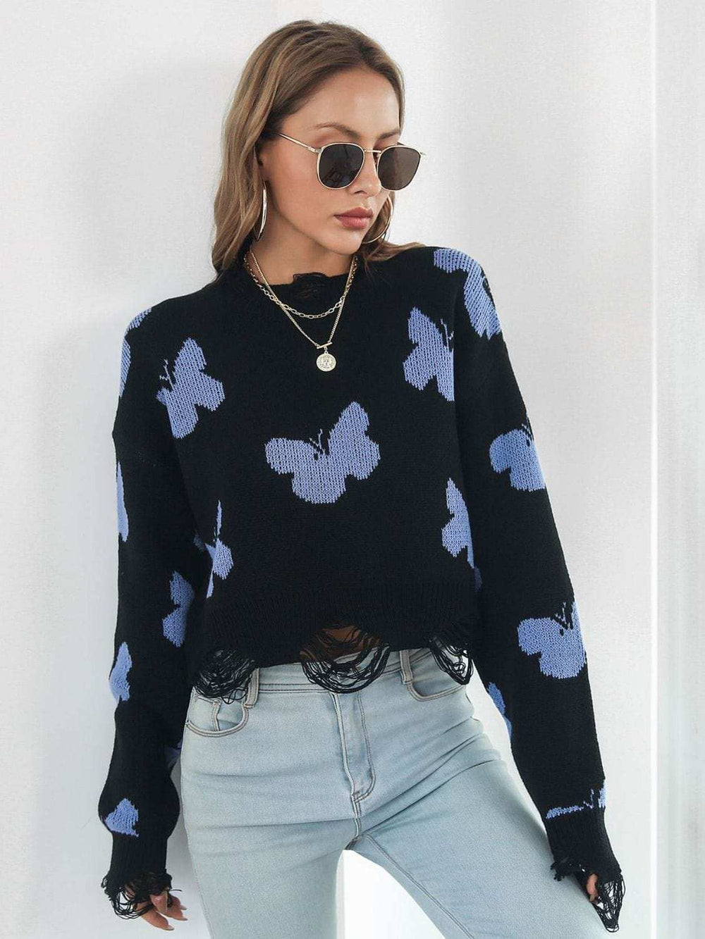 Distressed Butterfly Cropped Sweater - Trendsi - Flyclothing LLC