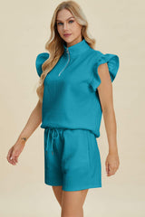 Double Take Full Size Texture Flounce Sleeve Top and Shorts Set - Trendsi - Flyclothing LLC